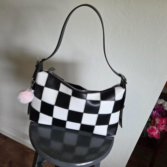 Neiman Marcus Checkered Vegan Leather Shoulder Bag - Picture 3 of 7